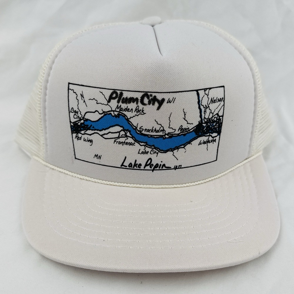Vintage Lake Pepin Wisconsin Minnesota Hat 90s Map Trucker Snapback Cap